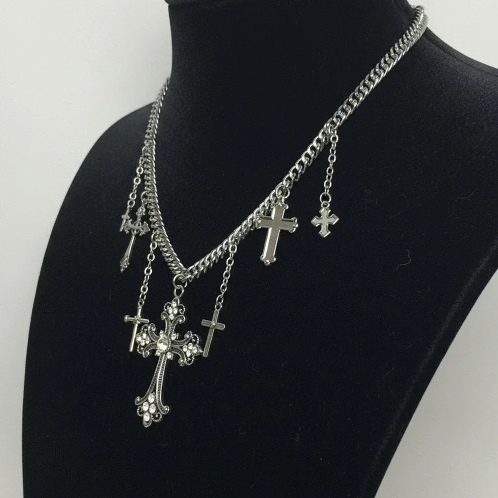 New Silver Rhinestone Multi Cross Charm Curb Chain Necklace Goth Grunge